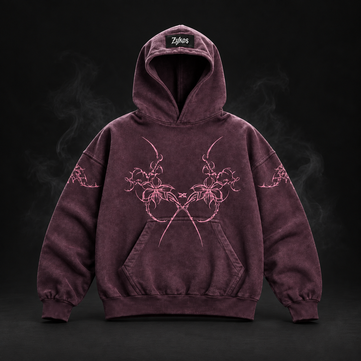 Orchid Hoodie Purple Acid Wash - vista frontal con estampado de orquídeas