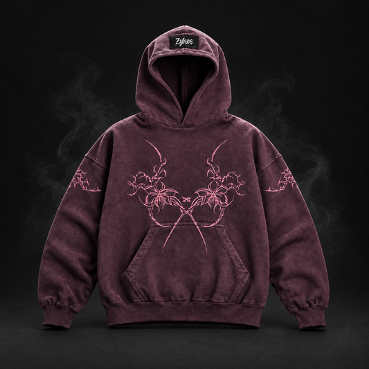 Orchid Hoodie Purple Acid Wash - vista frontal con estampado de orquídeas